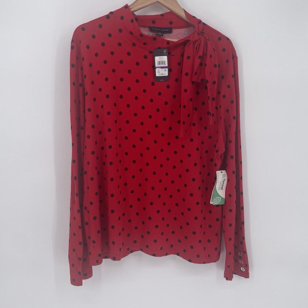 NWT Tommy Hillfigure Women's XXL 2X Red Navy Polka Dot Long Sleeve Blouse Top